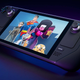 A Steam Deck sits on a dark blue surface while showing a screenshot of Multiversus featuring Superman and Bugs Bunny.